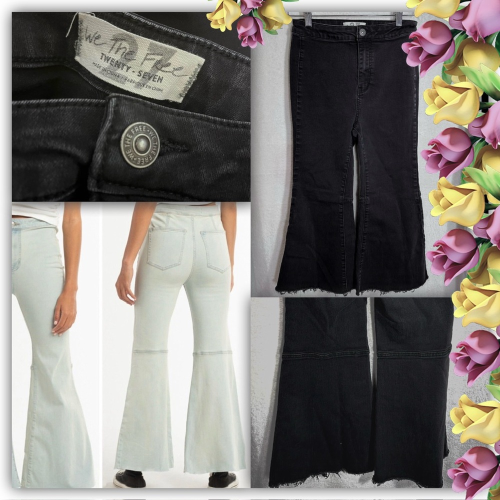 Free People We The Free Jeans Womens Black Wash Denim Flare Crop Raw Hem Size 27